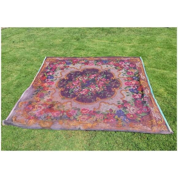 Antique 1930's Bright Floral Woven Carpet Rug Bedspread Couch Cover - Picture 7 of 7
